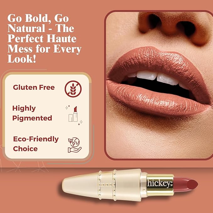 Hickey Lipstick Set, Haute Mess (Terracotta), Refillable Silver Case with Chain, Satin Pouch & Ribbon (Wearable Necklace), Long Lasting Hydrating Velvet Finish Lipstick for Women - Vegan & Gluten-Free
