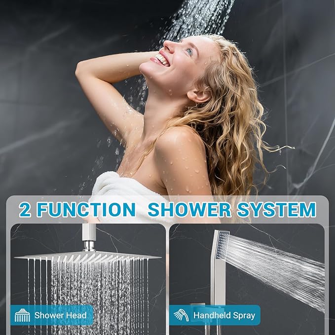 IUERASD Ceiling Mount Shower Faucet Set Square Showerhead Bathroom Rainfall Shower System Stainless Steel Shower Trim Kit 10 Inches (Brush Nickel)