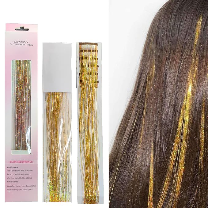 47" Holographic Hair Tinsel Shining Gold Professional Sparkle Heat-Resistant Silk Extensions, Hair Accessories for Girls, Party Hair, Gifts for Girls (6PCs Clip in Hair Tinsel Kit, Shining Gold)