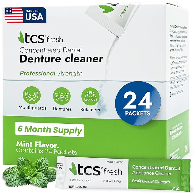 TCS Fresh Denture Cleaner – Professional Strength Concentrated Cleanser Mint Powder for Dental Cleaning – For Dentures, Night Guards, Aligners & Retainer Cleaner – 24 Packets (6 Month Supply)
