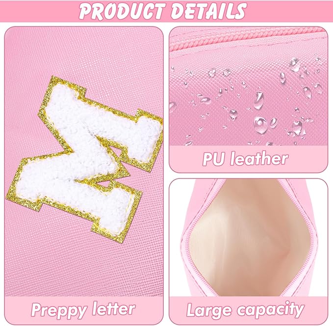 URSKYTOUS Gifts for Girls Initial Makeup Bag Personalized Cosmetic Bag with Zipper Cute Travel Toiletry Bag Waterproof PU Preppy Makeup Pouch Birthday Gift for Teen Girls Women(Pink M)