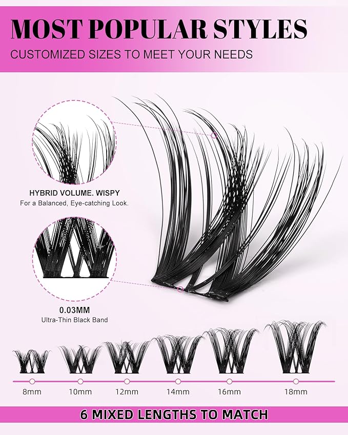 Flora Lash Clusters Kit Wispy Fluffy 8-18mm Hybrid Volume Eyelashes Cluster Extension Kit D Curl Individual DIY False Lash Extension Kit with Lash Bond and Seal, Thin Invisible Black Lash Band