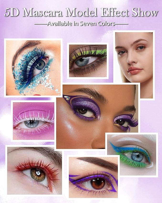 5D Colored Mascara for Eyelashes-3 Colors Blue Purple Green Longlasting Waterproof Mascara Volume and Length,Curling Fiber rimel de pestañas,Women’s Day Cosplay Eye Makeup Gift for Women Girl