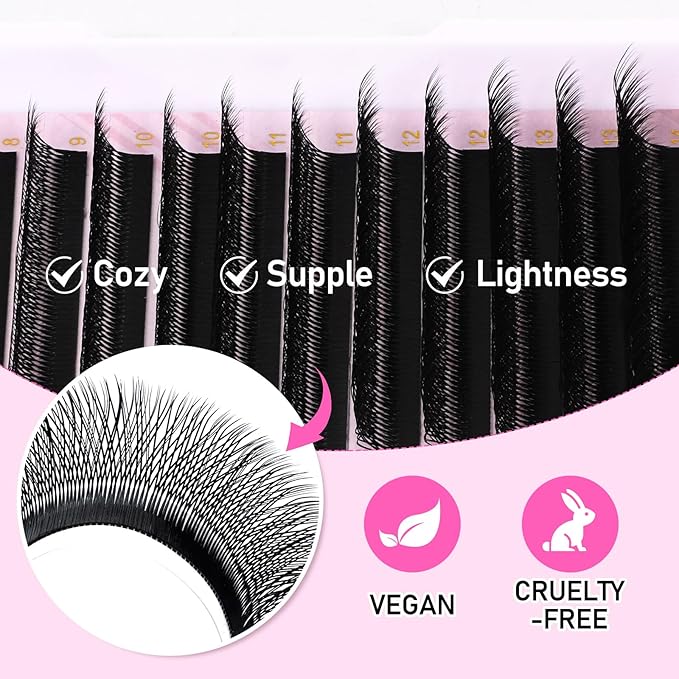 Arison Lashes Double Layers 4DW Shape Eyelash Extension Natural Soft Volume 0.07mm D Curl 8-15mm Mix Premade Fans Faux Mink Matte Black 12 rows