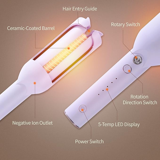 Upgraded Automatic Rotating Curling Iron - CurlPro Plus Long Barrel Curling Wand for Long Hair, Ceramic Hair Curler for Women, Anti-Scald, Tangle-Free, 600M Ionic, Dual Voltage (Lavender)