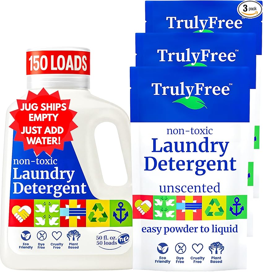 Truly Free Natural Laundry Detergent for Sensitive Skin | Eco Friendly, Plant Based, Baby Clothes Safe | Clean & Easy Powder to Liquid, 1 Pack Detergent + 1 Refillable Jug | Unscented, 150 Loads