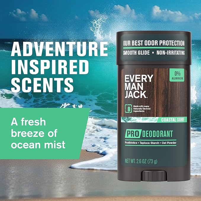 Every Man Jack Men's Pro Deodorant - 48-Hour Odor Defense Blend - Aluminum Free - Contains Postbiotics, Tapioca Starch & Oat Powder - Coastal Surf Scent - 2.6 oz - 1 Pack