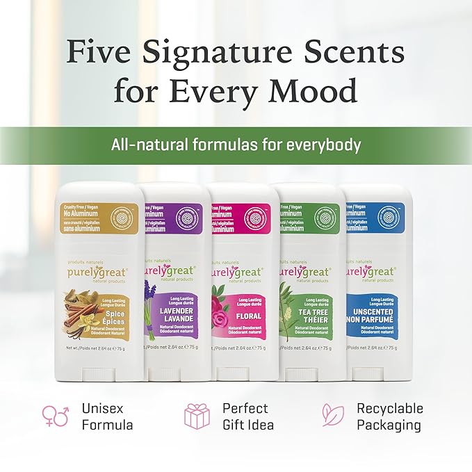 Purelygreat - Tea Tree Scented Natural Deodorant Stick, Travel-Friendly Hygiene Essentials for Women, Natural Deodorant for Men Without Aluminum & Parabens, 2.64 oz / 75 g
