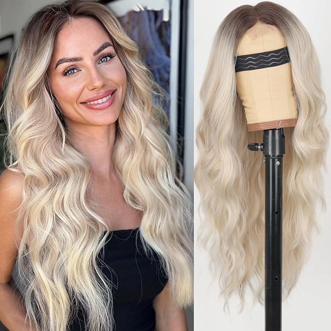 AISI HAIR Ombre Platinum Blonde wig Wig for Women, Long Wavy Lace Hairline Middle Part Synthetic Heat Resistant Wig for Daily Party-26 Inch