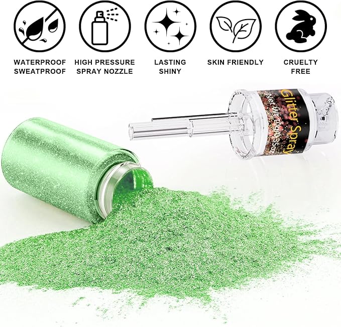 Emerald Green Hair and Body Glitter Spray 10g, Holographic Shimmer Powder Mist for Halloween, Carnival, Festival Makeup, Fantasy Fairy Looks, DIY Face Paint Costume Glitter