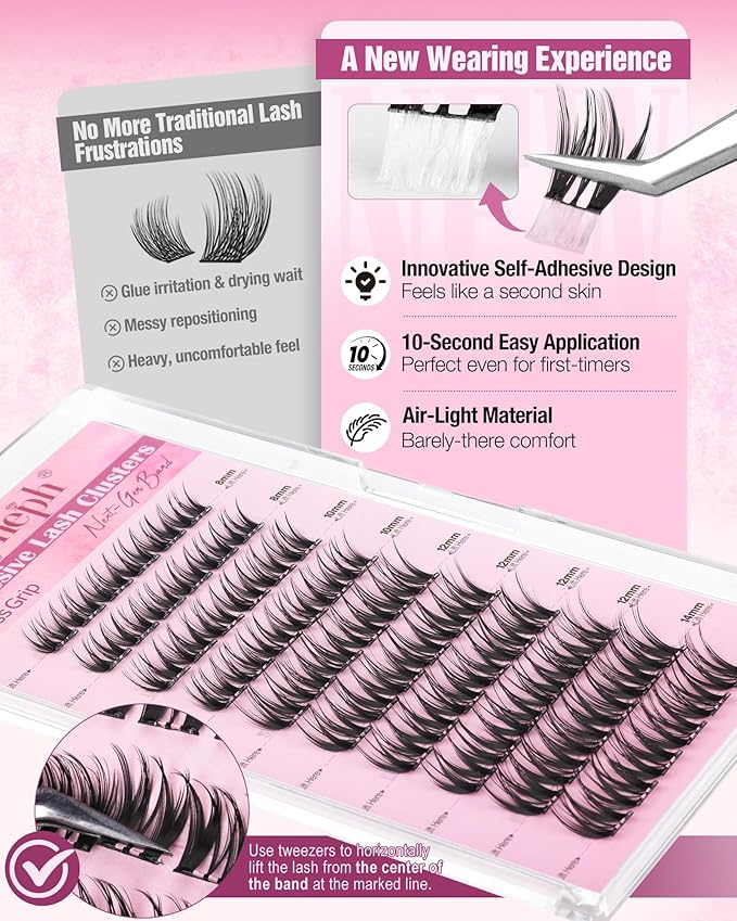 Self Adhesive Eyelashes Wispy Self Adhesive Lash Clusters Natural Clear Band Eyelash Clusters 8-14mm Short Cluster Eyelash Extensions Pre-Glued Cluster Lashes by Delyneph