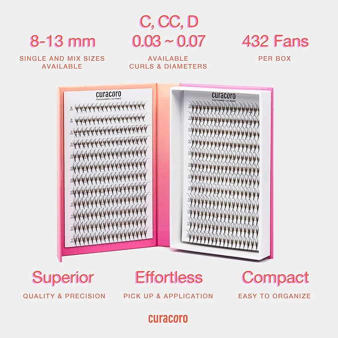 Curacoro LashFolio Double Spike Promade Fans, Handmade Volume Eyelashes, 5D To 10D, C CC D Curl, 0.03~0.07mm, 8-13mm Mix Length, Professional Long-Lasting Promade Lash Fans (7D-0.05 CC 8-13mm)