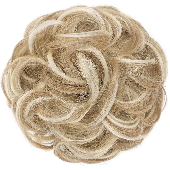 FESHFEN Messy Bun Hair Piece - Wavy Synthetic Chignon Scrunchies for Instant Volume, Elastic Bun Ponytail Hair Extensions Thick Hairpieces for Women, Dirty Blonde 1.50 oz