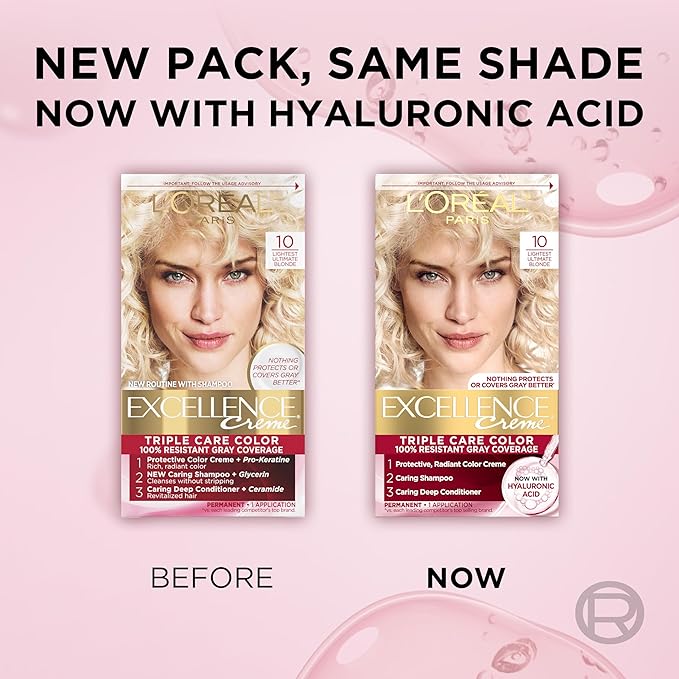 L'Oreal Paris Excellence Crème Permanent Hair Dye, Triple Care Hair Color with Hyaluronic Acid for 100% Gray Coverage, 10 Lightest Ultimate Blonde, 1 Kit (Packaging May Vary)