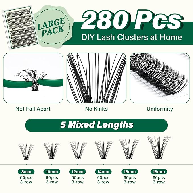 KEYYOU Lash Extension Kit DIY 300Pcs Lash Clusters Eyelash Extension Kit Lash Clusters Kit with Lash Glue Remover Applicator Easy to Use for Beginners(Kit,30D40D50D-C,8-16MIX)