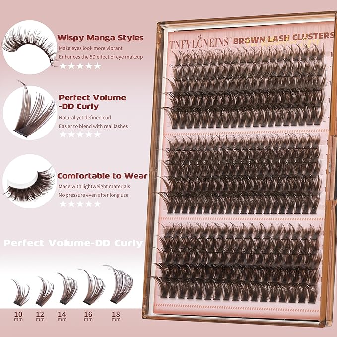 Brown Lash Clusters Wispy Cluster Eyelash Extensions D-curly Eyelash Clusters with Spikes Dark Brown Individual Lashes Manga Fairy Lash Extension by TNFVLONEINS (Brown,10-18MM,3 Styles)