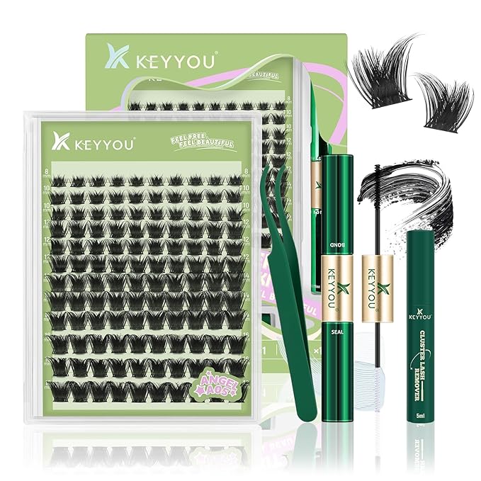 KEYYOU LASH Extension Kit 144Pcs Angel Lash Clusters Kit Thick Eyelash Extension Kit with Glue and Seal,Tweezers,Remover for DIY lash extension kit at Home（Kit-Angel A05-D-8-18MIX）