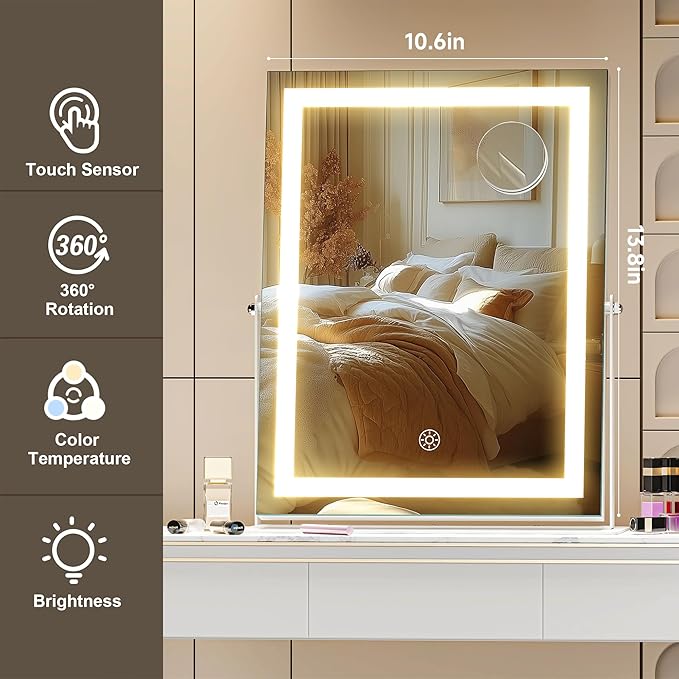 Hasipu Vanity Mirror with Lights, 10.6" x 13.8" LED Makeup Mirror, 3 Color Modes Touch Control and Brightness Adjustment Lighting Mirror, 10X Magnifying Glass, 360° Rotation