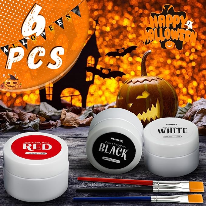 TonJin Black + White + Red Face Body Paint Set 5.28oz,Non-Toxic Professional Paint Palette Kit with 3 Brushes for Art Theater Halloween Party Cosplay Clown Corpse Paint SFX Makeup