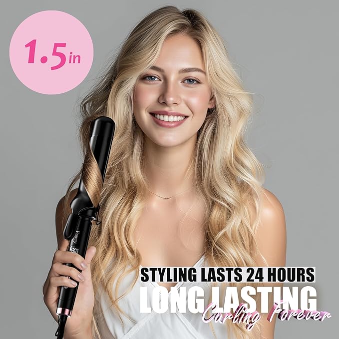 Farery 1.5 inch Curling Iron For Long Hair, Lightweight Long Barrel Curling Iron 1 1/2 Inch, Ceramic Curling Wand Infused Argan Oil & Keratin for Bouncy Curls, 9 Temp Digital Display & Lock Key, Glove