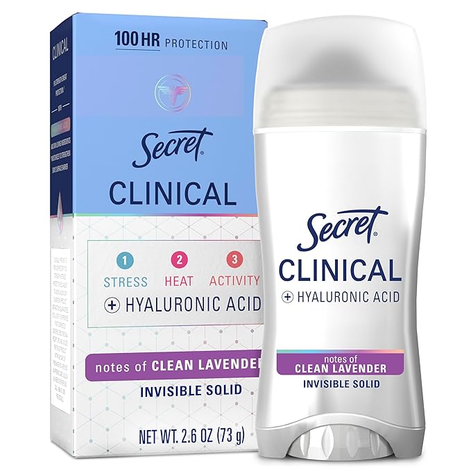 Secret Clinical Strength Antiperspirant Deodorant for Women, 100hr Sweat & Odor Protection, 3X Stress Protection with Hyaluronic Acid, PH Balanced, Invisible Solid, Clean Lavender Scent, 2.6 oz