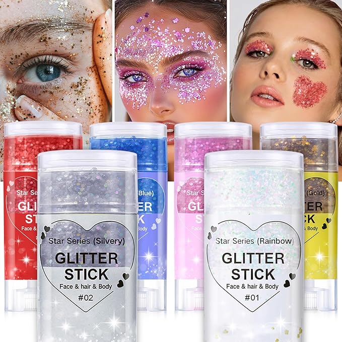 Gold Body Glitter Stick, Halloween Face Glitter Makeup,Holographic Hair Glitters Mermaid Makeup Rave Outfits for Women, Shimmer Face Paint Stick for Christmas (Gold)