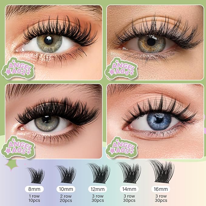 KEYYOU LASH Extension Kit 144Pcs Angel Lash Clusters Kit Thick Eyelash Extension Kit with Glue and Seal,Tweezers,Remover for DIY lash extension kit at Home（Kit-Angel A05-D-8-18MIX）