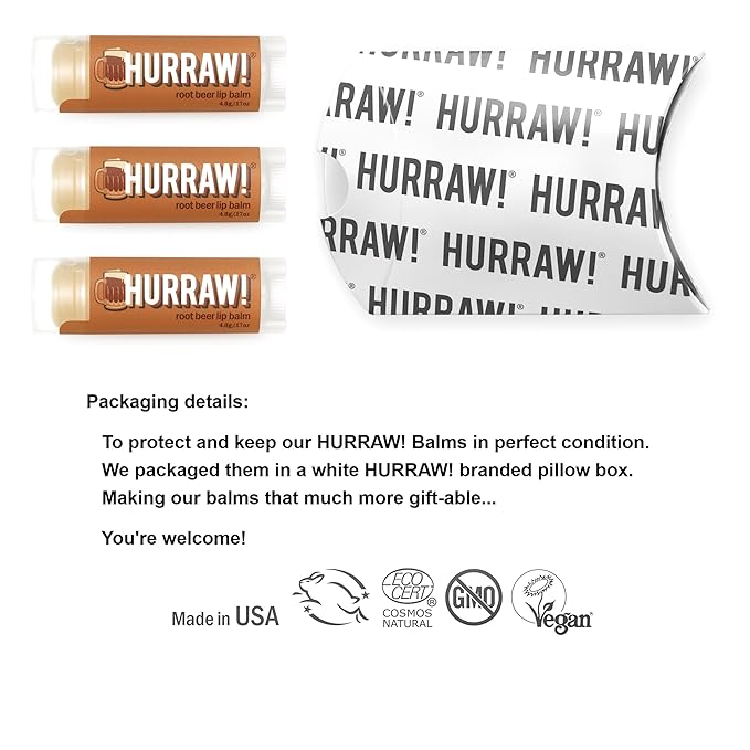 Hurraw! Root Beer Lip Balm, 3 Pack: Organic, Certified Vegan, Cruelty and Gluten Free. Non-GMO, 100% Natural Ingredients. Bee, Shea, Soy and Palm Free. Made in USA