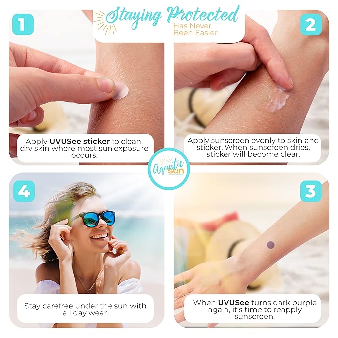 UV Stickers for Sunscreen Reapplication to Avoid Burns - Sunscreen Reminder Stickers You Can Wear All Day - Sweat & Waterproof UV Activated Sunscreen Stickers - Aquatic Sun UV Sticker to Protect Skin