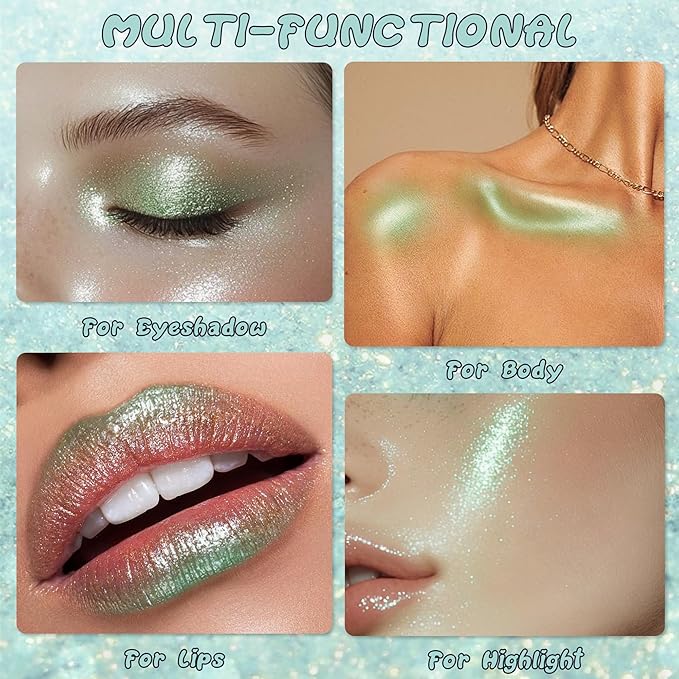 Glitter Eyeshadow,Multichrome Holographic Green Shimmer Eye Shadow,Chameleon High Pigmente Sparkly Shadows Palette，Iridescent Metallic Eye Highlighter，Makeup for Rave，LongWear,03#