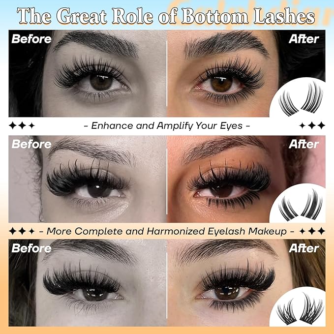 calphdiar Bottom Lash Clusters Lower Lashes Extensions 3 Styles Bottom Eyelash Clusters 6-8mm Bottom Lashes Individual Clear Band Natural Cluster Eyelashes Salon-Effect Bottom Lash cluster (162pcs)
