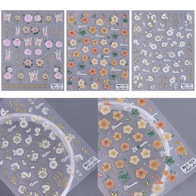 Flowers Nail Art Stickers Decal 5D Embossed Self Adhesive Flowers Nail Decals Design Pink Yellow White Daisy Peony Relief Floral Nail Stickers for Women Girls DIY Manicure Tip Decoration 3 Sheets
