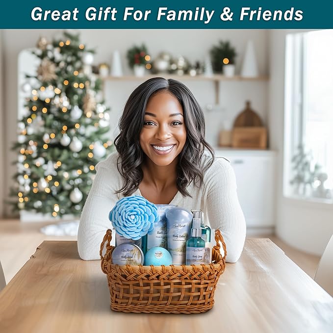 Spa Baskets For Women - Luxury Bath Set With Ocean & Coconut - Spa Kit Includes Wash, Bubble Bath, Lotion, Bath Salts, Body Scrub, Body Spray, Shower Puff, Bathbombs, Soap and Towel