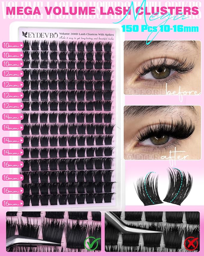 EYDEVRO Volume Lash Clusters with Spikes Full Thick Eyelash Clusters Wispy Fairy Lash Clusters 150 Pcs D Curvature 10-16mm Cluster Eyelash Extensions Spikes Cluster Lashes DIY Lash Extensions at Home