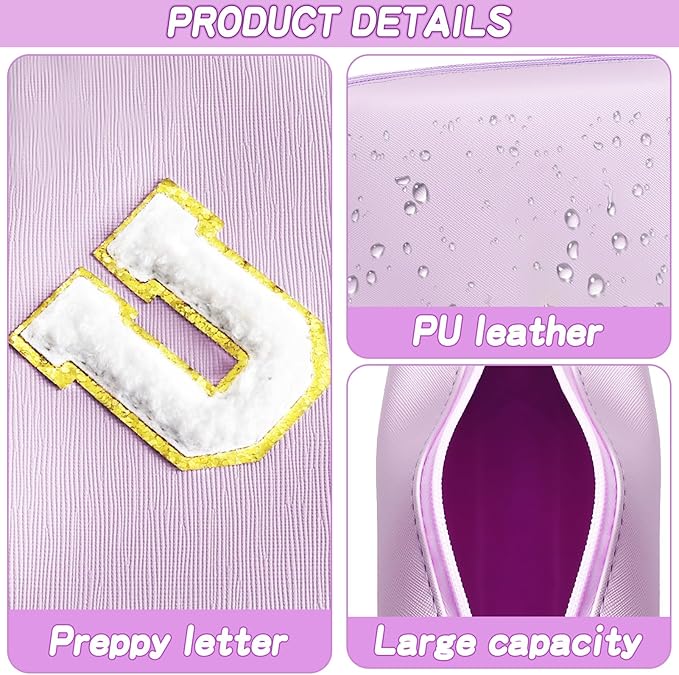 URSKYTOUS Gifts for Girls Initial Makeup Bag Personalized Cosmetic Bag with Zipper Cute Travel Toiletry Bag Waterproof PU Preppy Makeup Pouch Birthday Gift for Teen Girls Women(Purple U)