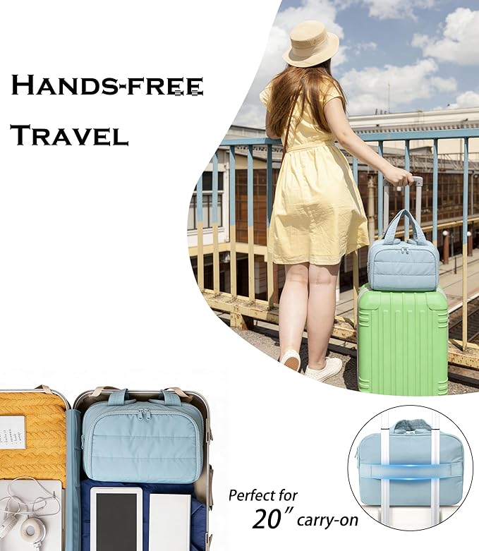 BUZFOWU Travel Toiletry Bag for Women, Large Wide-open Puffy Cosmetic Makeup Bag with Wet-Dry Separation, Multi-Pocket Organizer with Carry Handle for Toiletries, Cosmetics, Essentials, Light Blue
