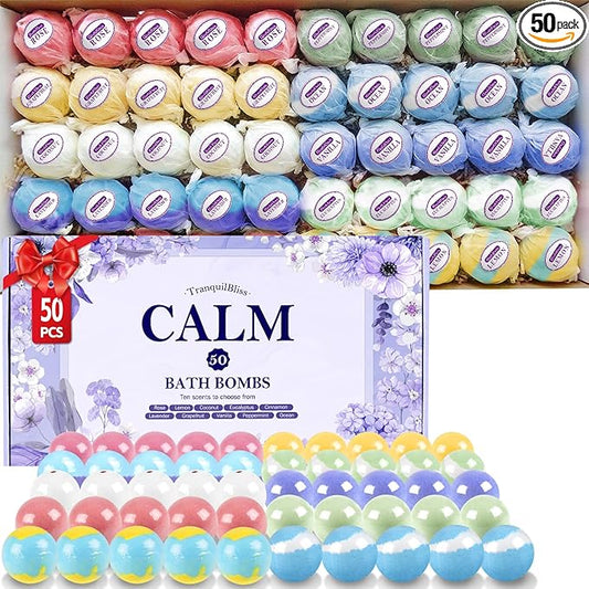 TranquilBliss Bath Bombs Set 50 PCS with 10 Rich Scents, Bath Bombs for Women, Natural Bubble Bombs with Shea Butter & Safe Oil, Ideal for Valentines, Birthday, Mother's Day Present (Purple)