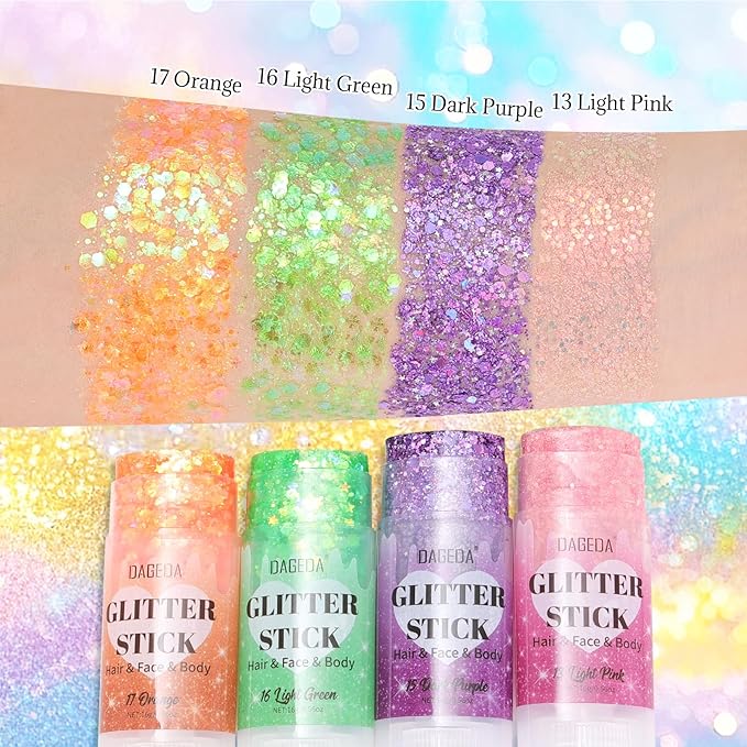 DAGEDA Orange Body Glitter Stick,Sparkly Face Glitter Makeup,Holographic Hair Glitters Mermaid Makeup Rave Outfits for Women, Shimmer Face Paint Stick Singer Concert Accessories