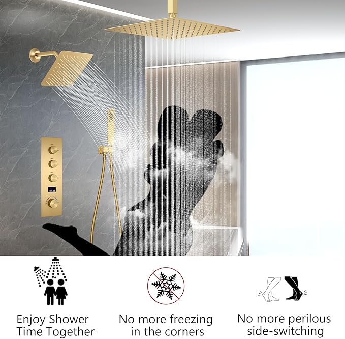 AYIVG Brushed Gold Thermostatic Rainfall Shower System 12 Inch And 8 Inch Dual Square Shower Head System Ceiling Mount Temperature Display Shower Faucet Set With Handled Spray
