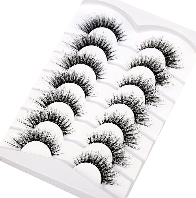 Pooplunch False Eyelashes Natural Fluttery Lashes Wispy 8D Volume Cat Eye Crossed Fake Eyelashes Faux Mink Lashes Strips 7 Pairs Pack