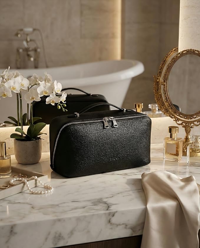 EACHY Makeup Bag,Large Capacity Travel Makeup Bag,Waterproof Portable Open Flat Toiletry Bag Cosmetic Bag with Divider and Handle