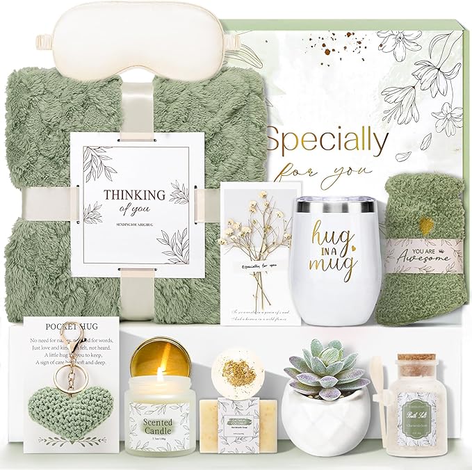CuriBox Get Well Gifts for Women Self Care Gifts Basket - Relaxing Spa Care Package After Surgery Thinking of You Birthday Gift - Feel Better Sympathy Gift Set for Her Mom Sister Friend Wife (Green)