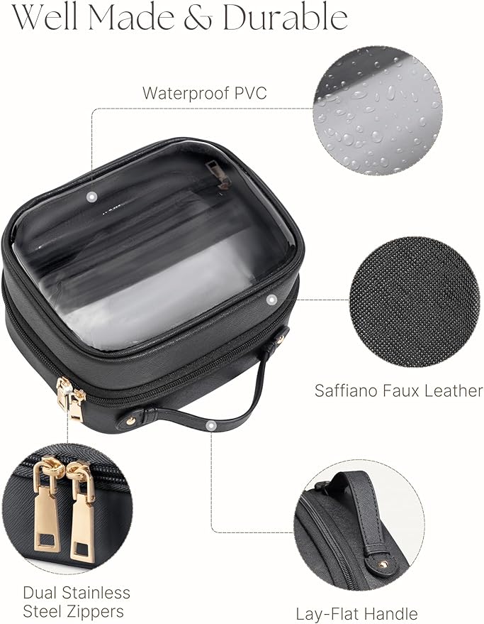 Oaque Clear Cosmetic Bag Double Layer Travel Toiletry Bag Clear Makeup Bag Case with 4 Compartments, Transparent Travel Bag for Toiletries, Large Toiletry Bag for Women Cosmetic Case (Black, Small)