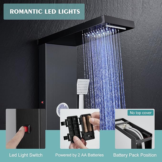 KINKIB LED Shower Panel Tower System, 6-in-1 Shower Tower with Rainfall Waterfall Shower Head, 2 Modes Powerful Body Jets, Handheld Shower and Tub Spout, Stainless Steel Shower Column, Black