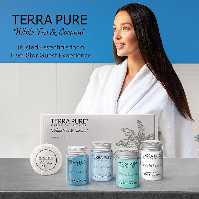 Terra Pure White Tea & Coconut Amenity Kit | Hotel Bulk Toiletries | 1 oz Shampoo, Conditioner, Lotion, Body Wash, Cleansing Bar for Guest Hospitality Vacation Rentals | 1 Set/Case