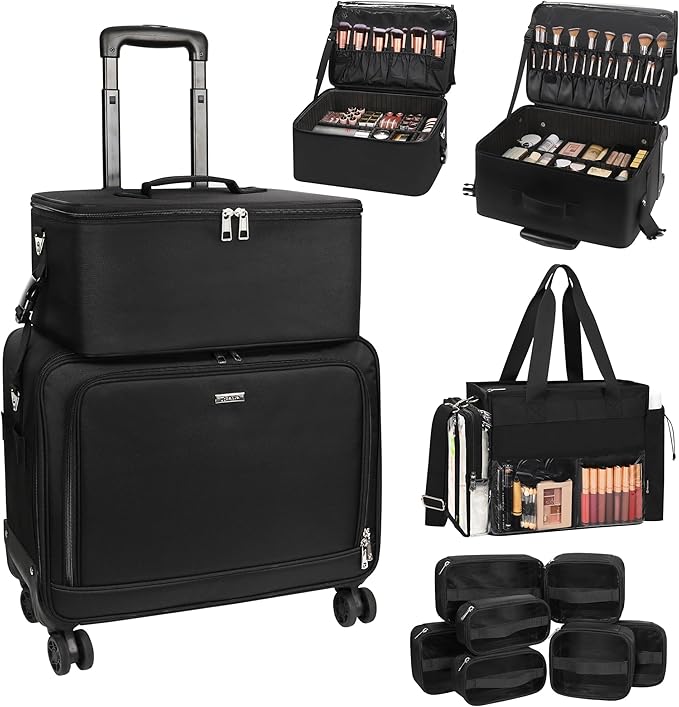 TANTO Rolling Makeup Bag, Cosmetology Case on Wheels Travel Makeup Tote Bag Pro Makeup Artist Bags 3 in 1 Extra Large Cosmetics Organizer Case with 360° Swivel Wheels and Adjustable Dividers