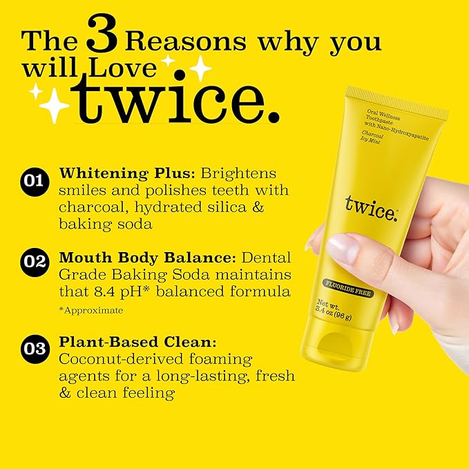 Twice Nano-Hydroxyapatite Toothpaste, Fluoride-Free - Helps Remineralize Teeth, Freshens Breath & Activated Charcoal for Teeth Whitening, ICY Mint - 3.4 oz