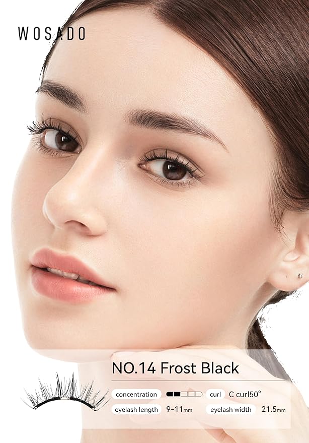 WOSADO Magnetic Eyelashes with Applicator, No.14 Frost Black 21.5mm Eye Lashes Kit, Reusable Magnetic Lashes without Eyeliner, Glue-free False Lashes, Waterproof, Lightweight, Suit for Natural Makeup