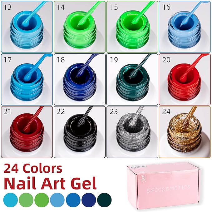 SXC Cosmetics 24-Color Gel Liner Set for Nail Art - With Built-in Thin Brush for Swirl Nail Designs and Soak-Off Gel Polish