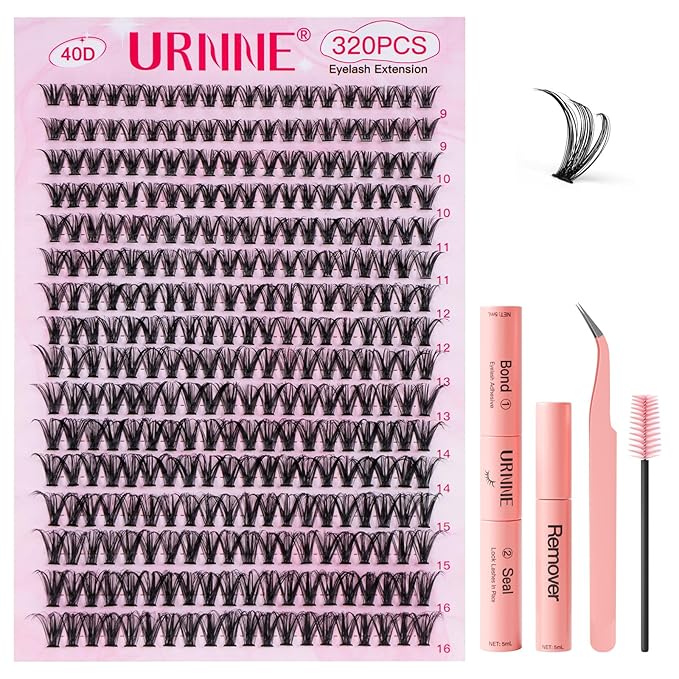 Lash Extension Kit, 320Pcs Lash Clusters, 40D Lash Clusters Kit, 9-16 mm Individual Cluster Eyelash Extensions with Lash Bond and Seal, Remover, Lash Tweezer DIY Lash Extensions at Home